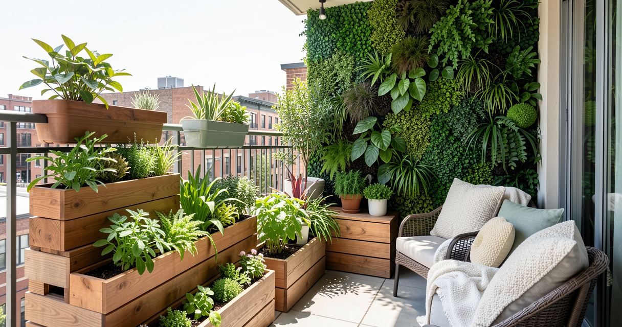 Small city balcony garden with vertical wall planters and seating area