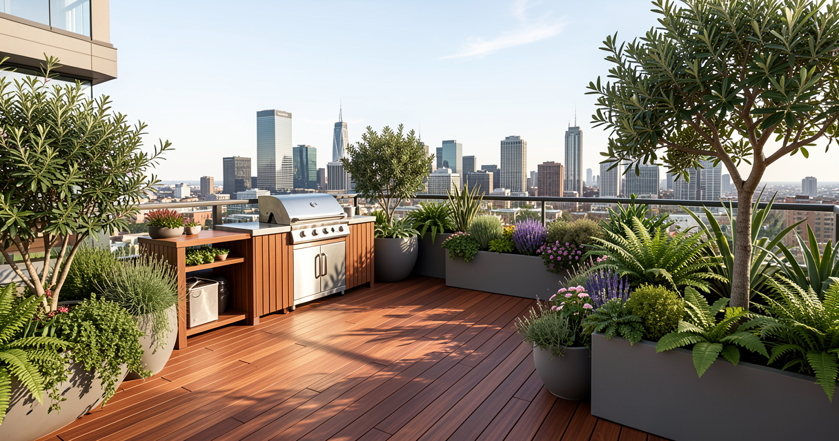 Rooftop garden design with decking and city skyline view