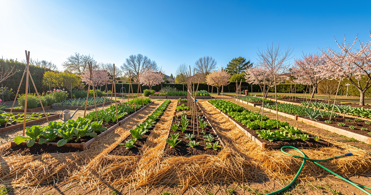 Applying straw mulch around young vegetable plants spring zone 8