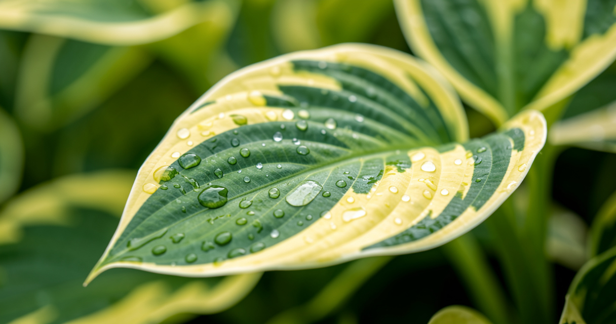 Close-up of a variegated hosta leaf with water droplets in a shade garden