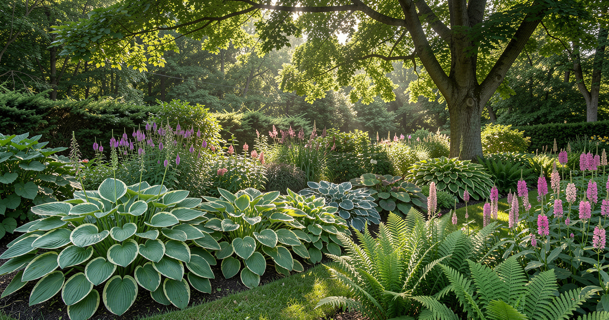 Lush hosta border with mixed varieties and companion shade plants in a woodland garden