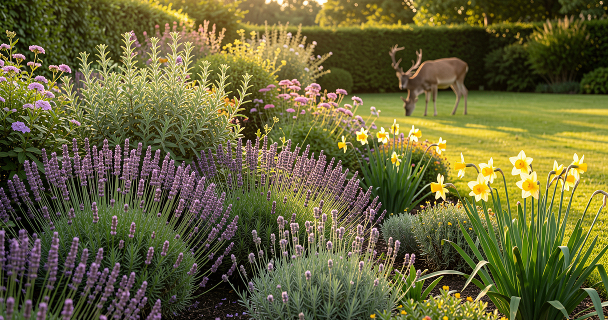 Deer resistant garden border with lavender and daffodils blooming in summer