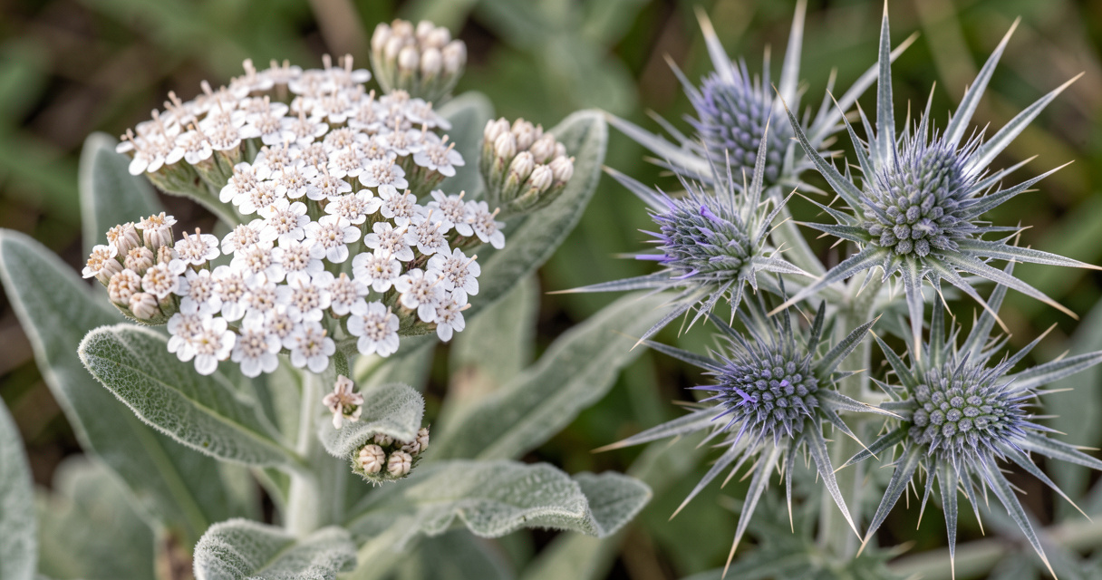 Close up of fuzzy yarrow leaves and prickly sea holly showing deer resistant textures