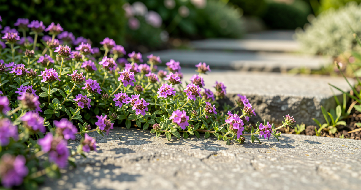 Creeping thyme ground cover between stepping stones in full sun path