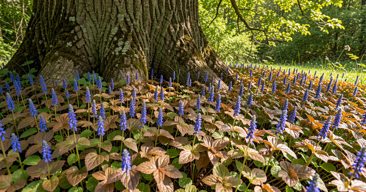 Ajuga ground cover with bronze foliage under tree in shady garden