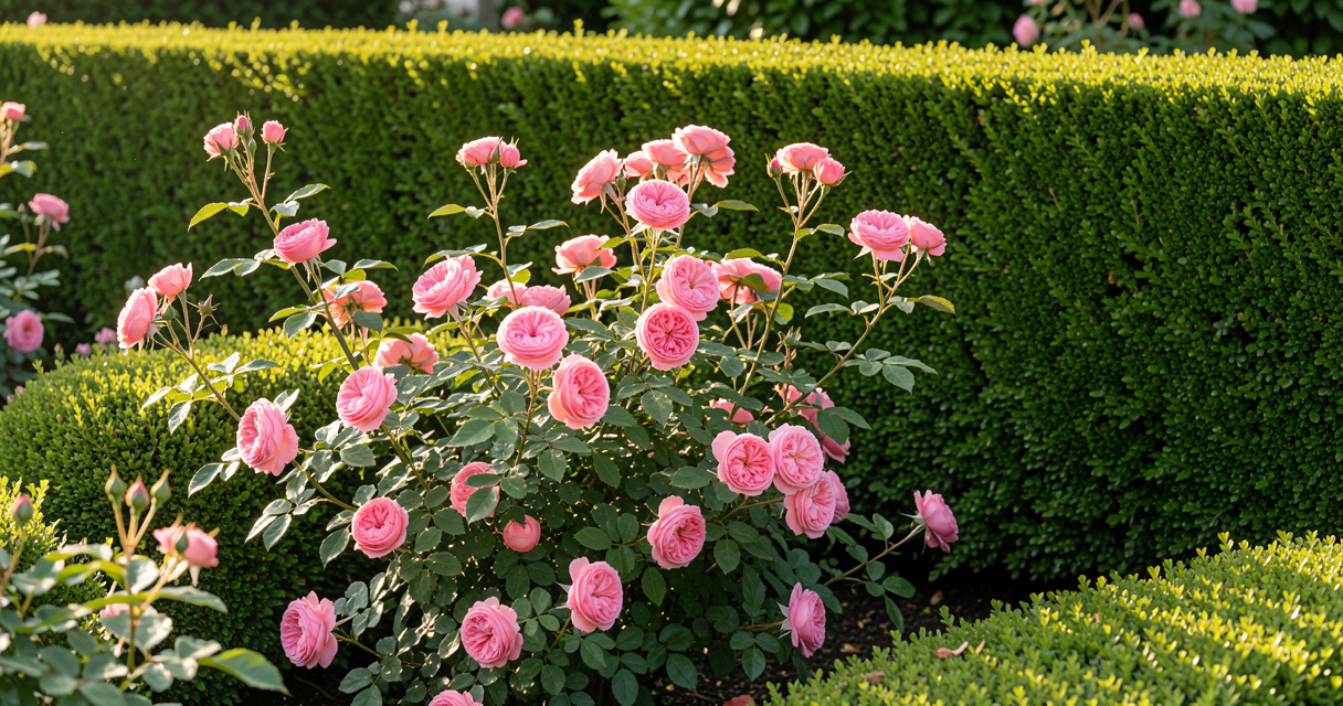 Shrub roses blooming alongside trimmed boxwood shrubs in a sunny garden border