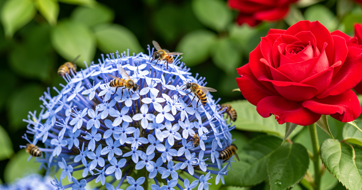 Blue mist shrub attracting beneficial hoverflies near a rose bush for natural pest control