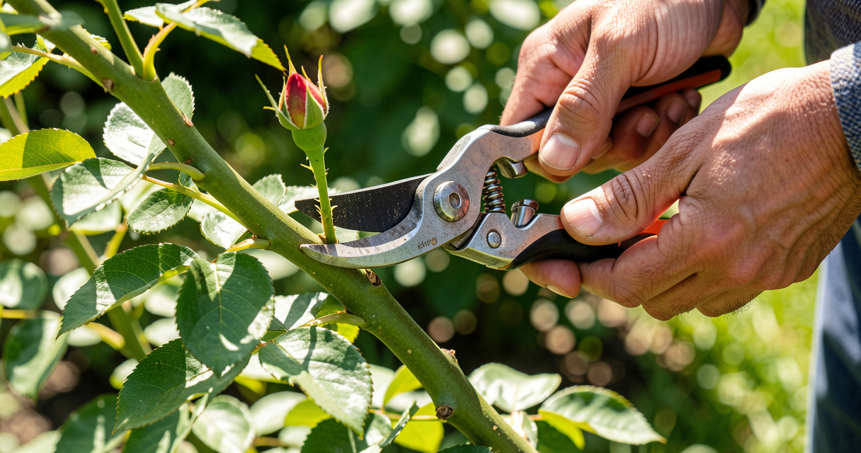 Pruning a rose cane at a 45-degree angle above an outward-facing bud using bypass pruners