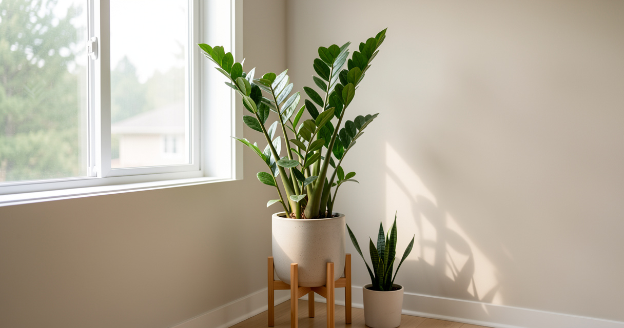 ZZ Plant and Snake Plant thriving in a north-facing window with low light
