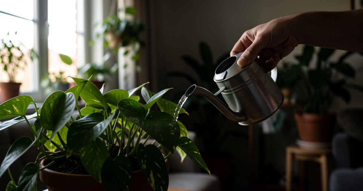 Watering a Pothos plant in a dim indoor corner with natural light