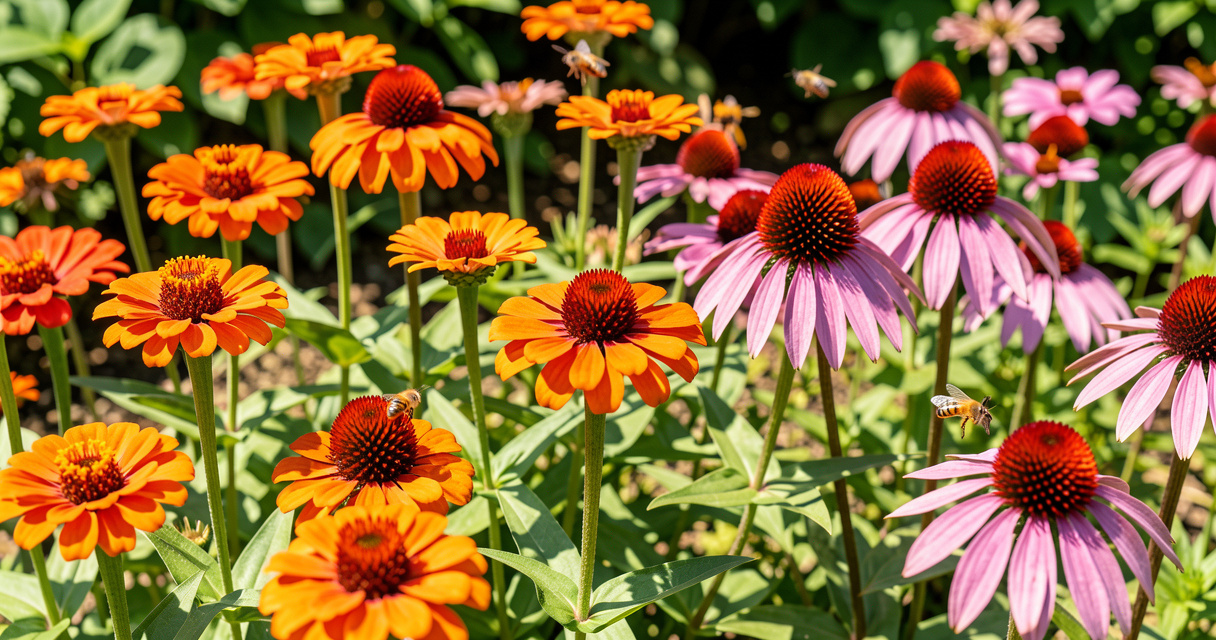zinnias and coneflowers blooming in a sunny summer garden with pollinators