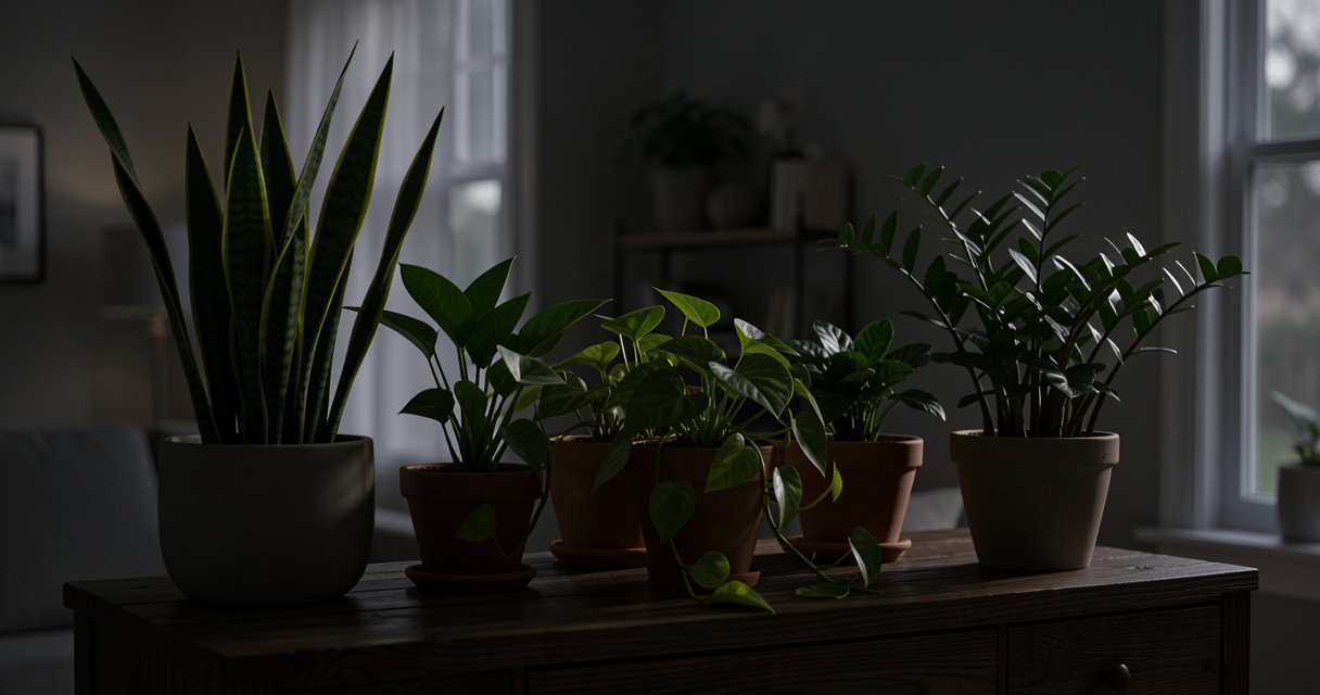 Low light houseplants snake plant pothos ZZ plant on shelf dim room interior