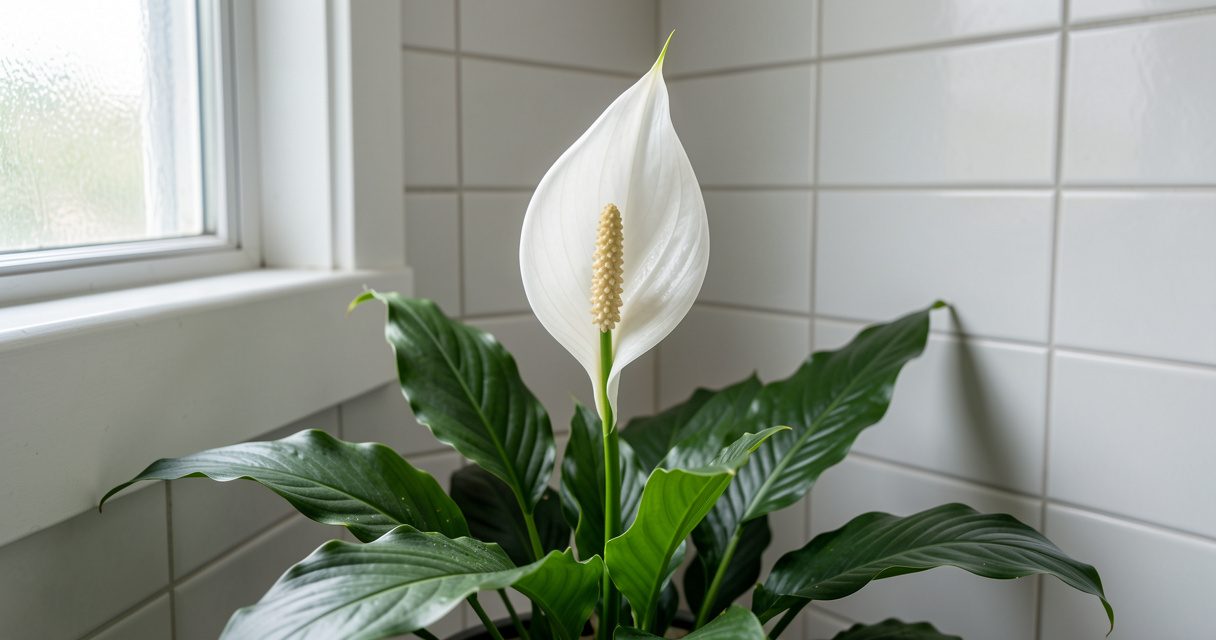 Peace Lily flowering low light indoor plant north facing bathroom decor