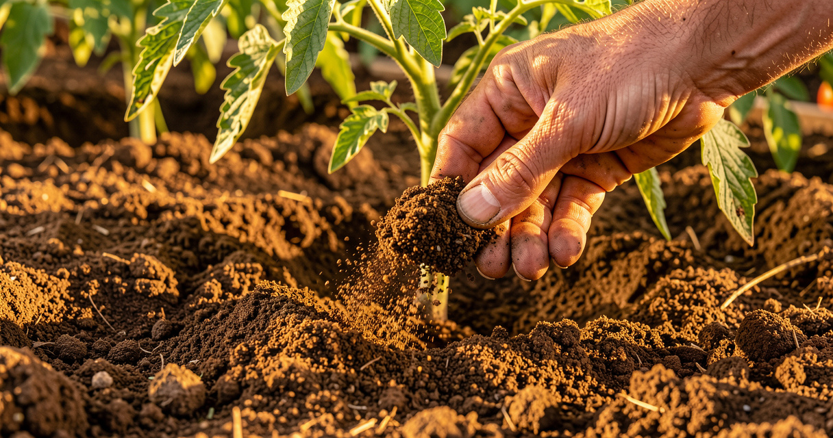 Hand applying granular fertilizer to soil around tomato plant in garden