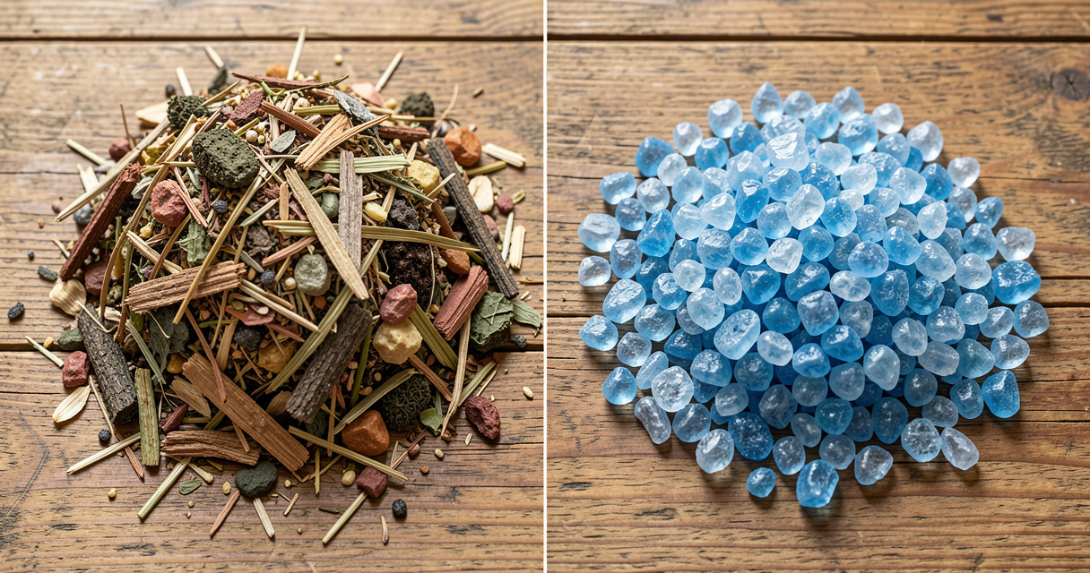Organic compost and synthetic blue fertilizer crystals side by side comparison