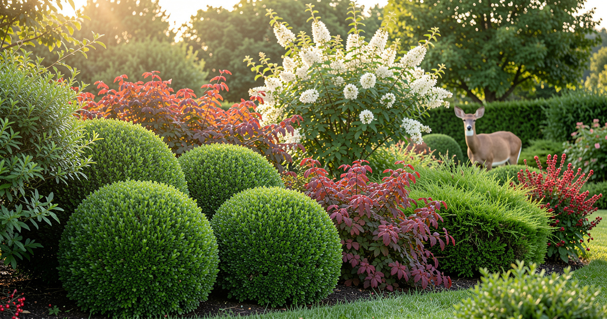 Deer resistant shrubs boxwood barberry and butterfly bush in a garden border