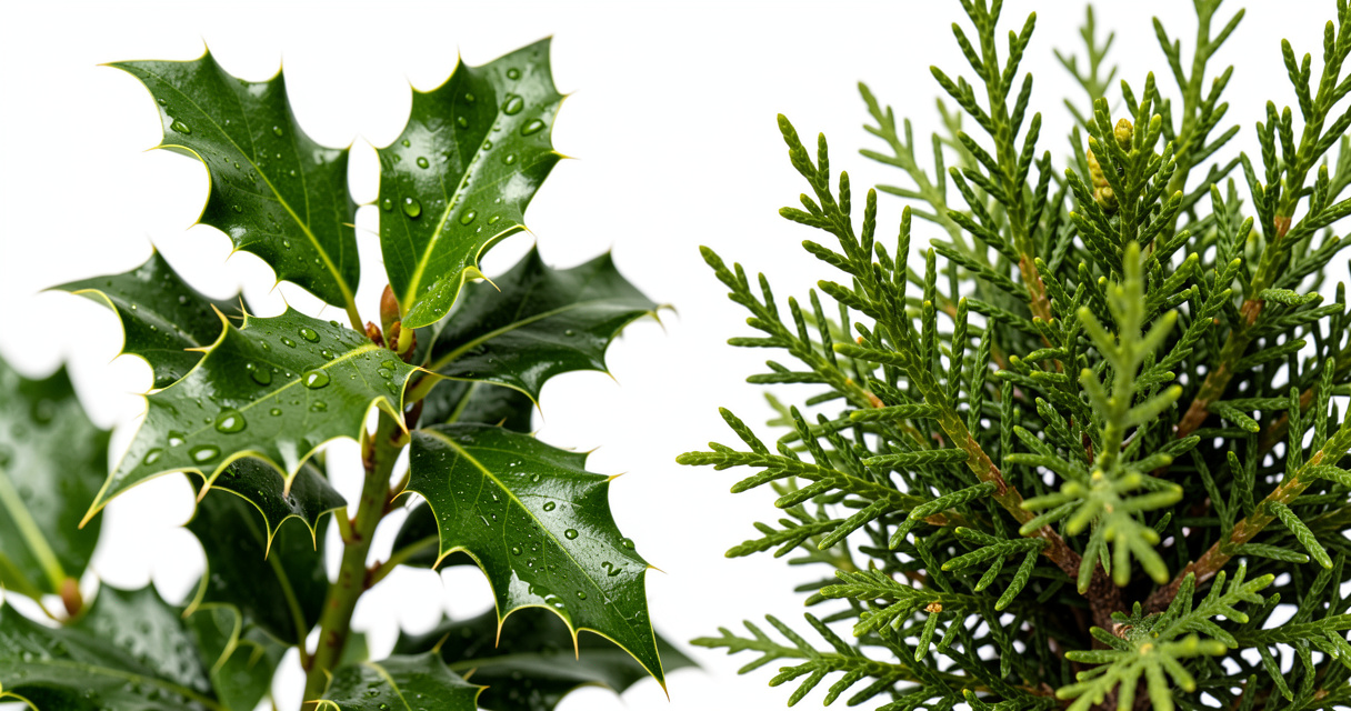Holly spiny leaves and juniper texture close up deer deterrent features