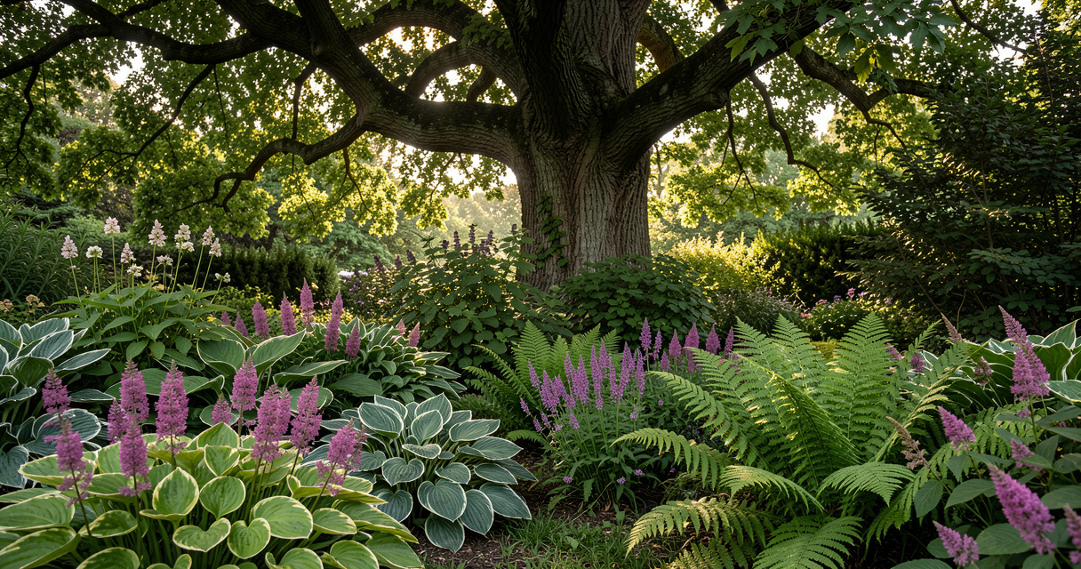 Layered shade garden with hostas and ferns in low light