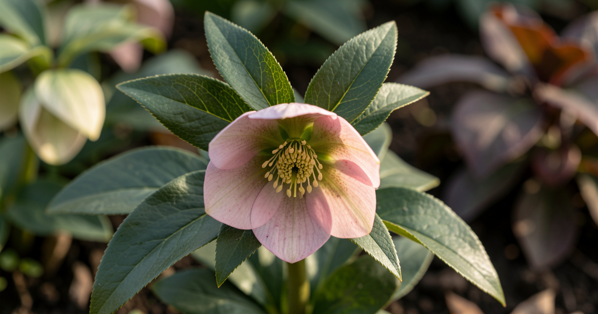 Hellebore flower blooming in a shady garden with dark green leaves