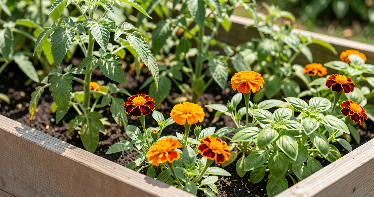Tomato plants with marigold and basil companion planting