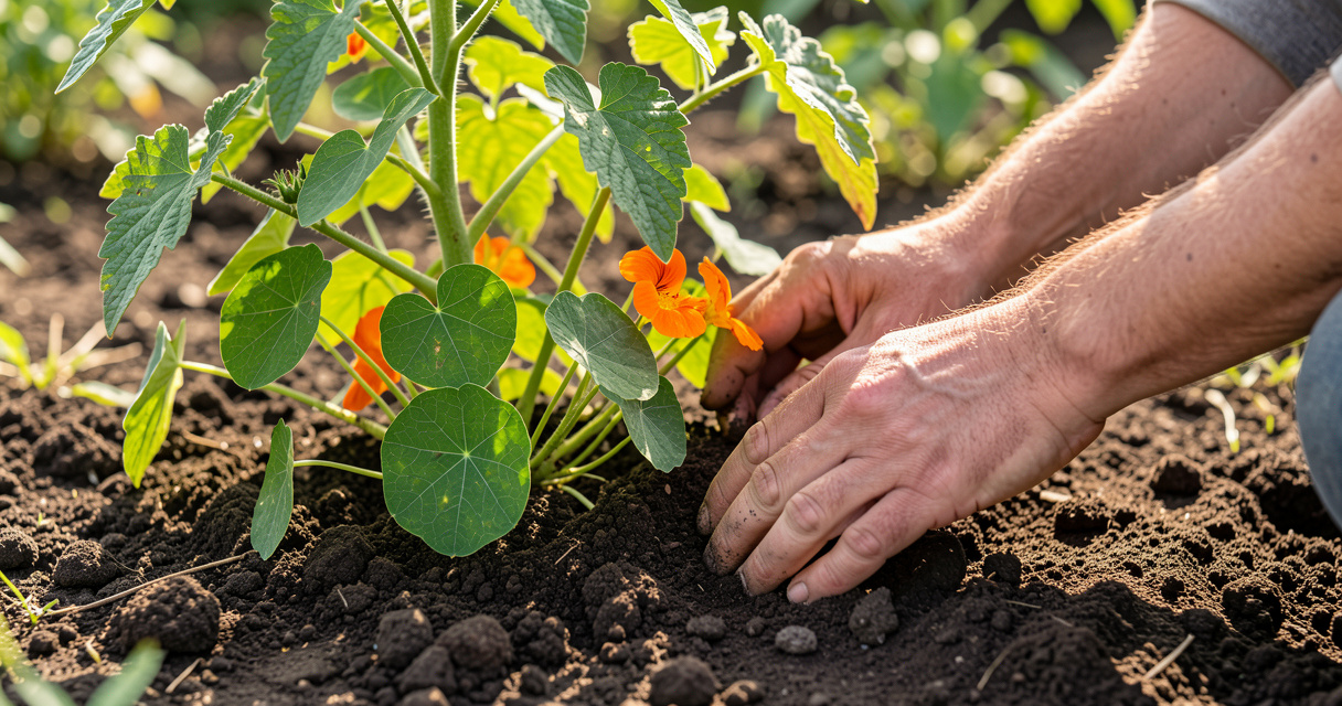 Nasturtiums planted as trap crop near tomato plant