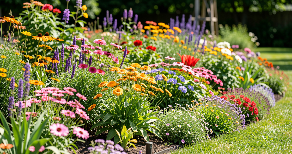 Colorful flowering plants in a sunny garden border with perennials and annuals