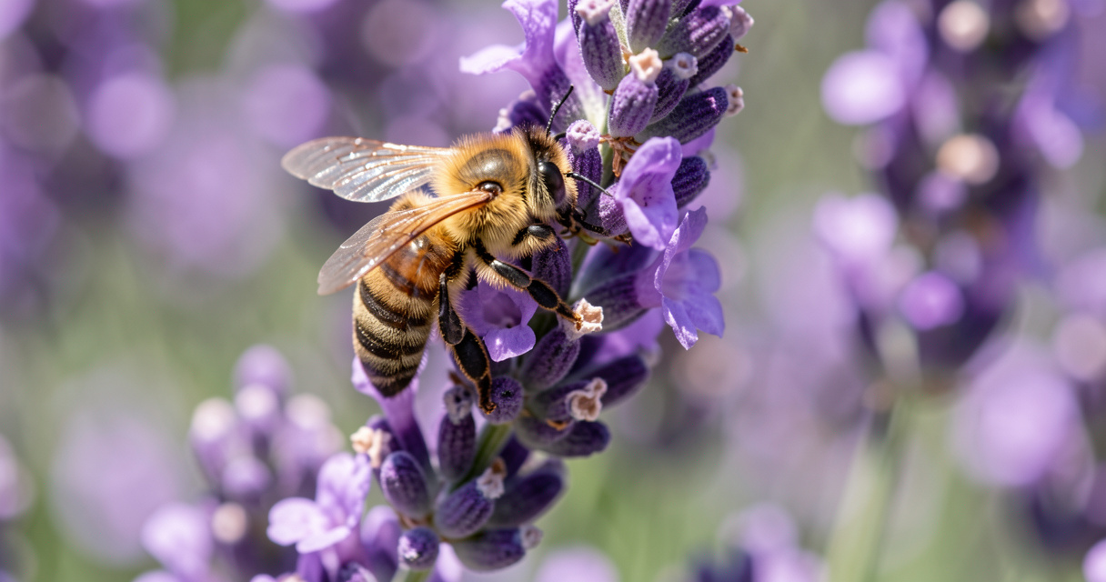 Bee pollinating a lavender flowering plant in summer garden close-up