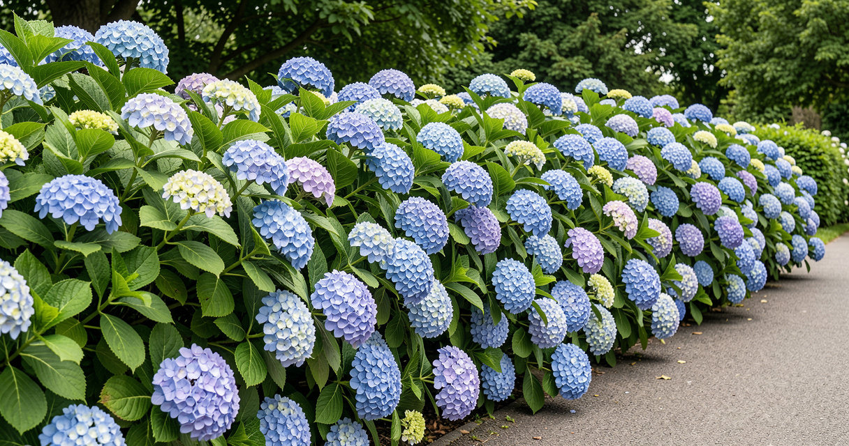 Bushy hydrangea hedge lining a garden path with white and pink blooms