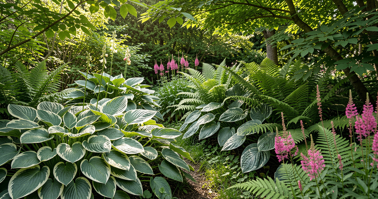 Lush shade garden with layered hostas and ferns under dappled light