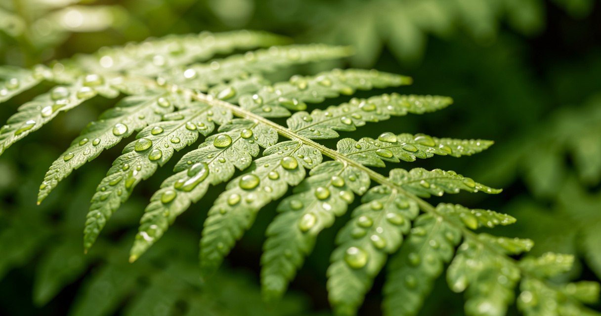Boston fern frond with water droplets for humidity care guide