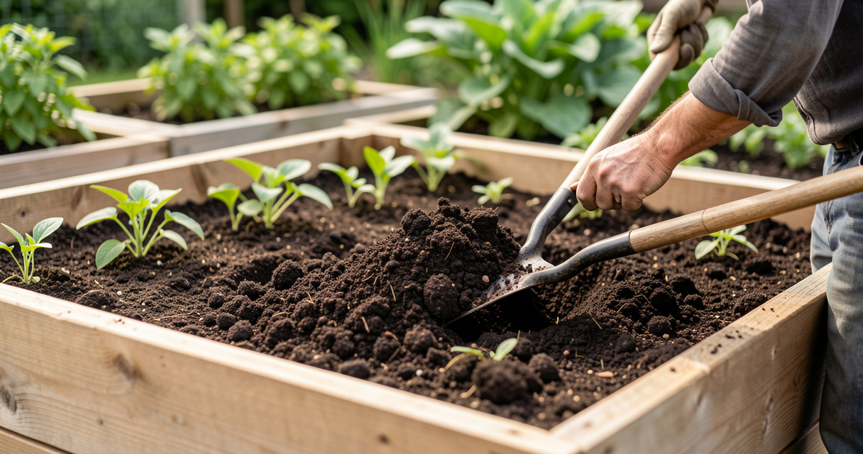 Spreading finished compost on a raised vegetable bed for spring planting