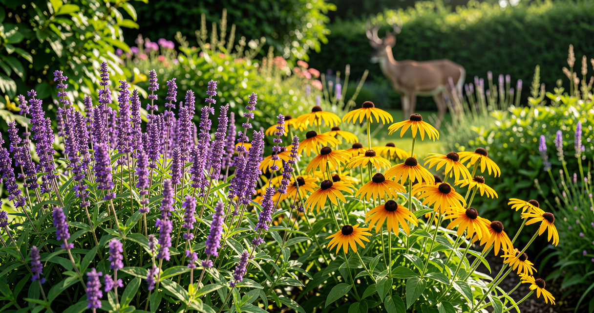 Sunny border of deer resistant perennials with purple Salvia and yellow Rudbeckia in full bloom