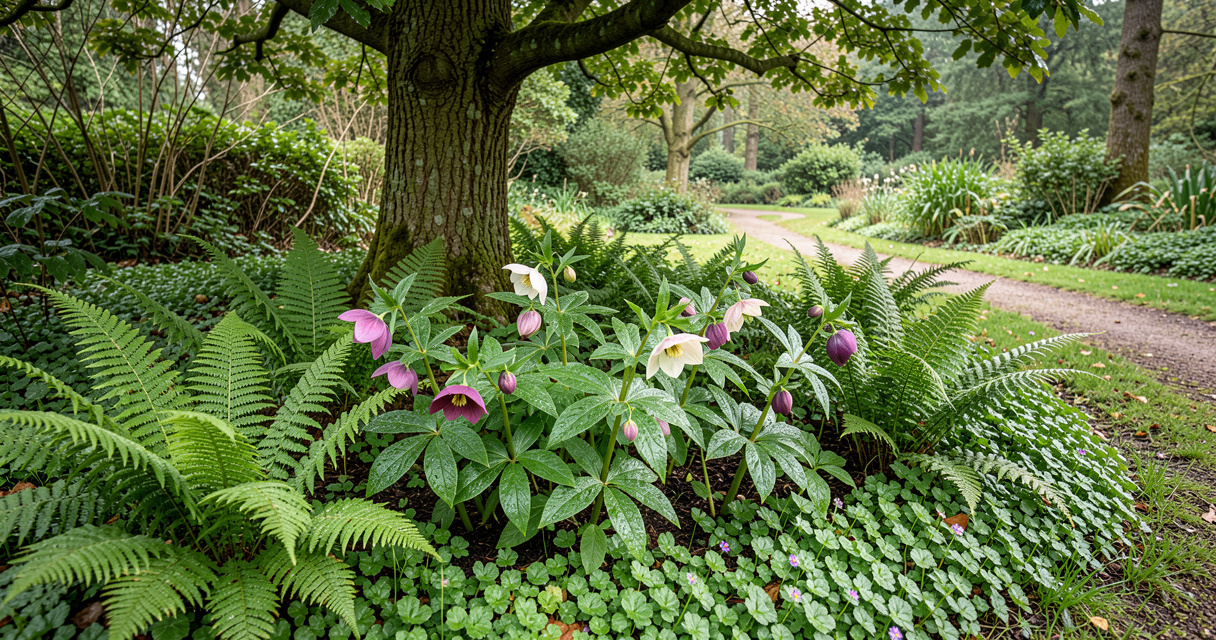 Shade deer resistant perennials hellebores and ferns planted under a tree in a woodland garden