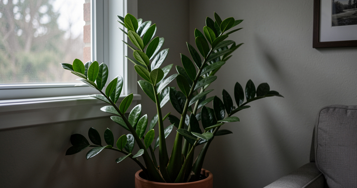 ZZ plant thriving in a dim living room corner with north-facing window