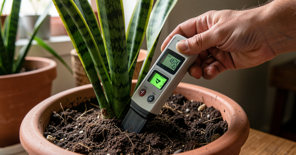 Hand using moisture meter to check dry soil for snake plant in low light