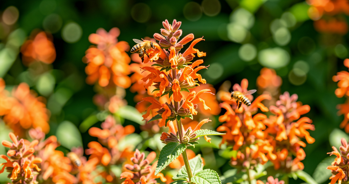 Agastache 'Mango Tango' attracting pollinators in full sun garden