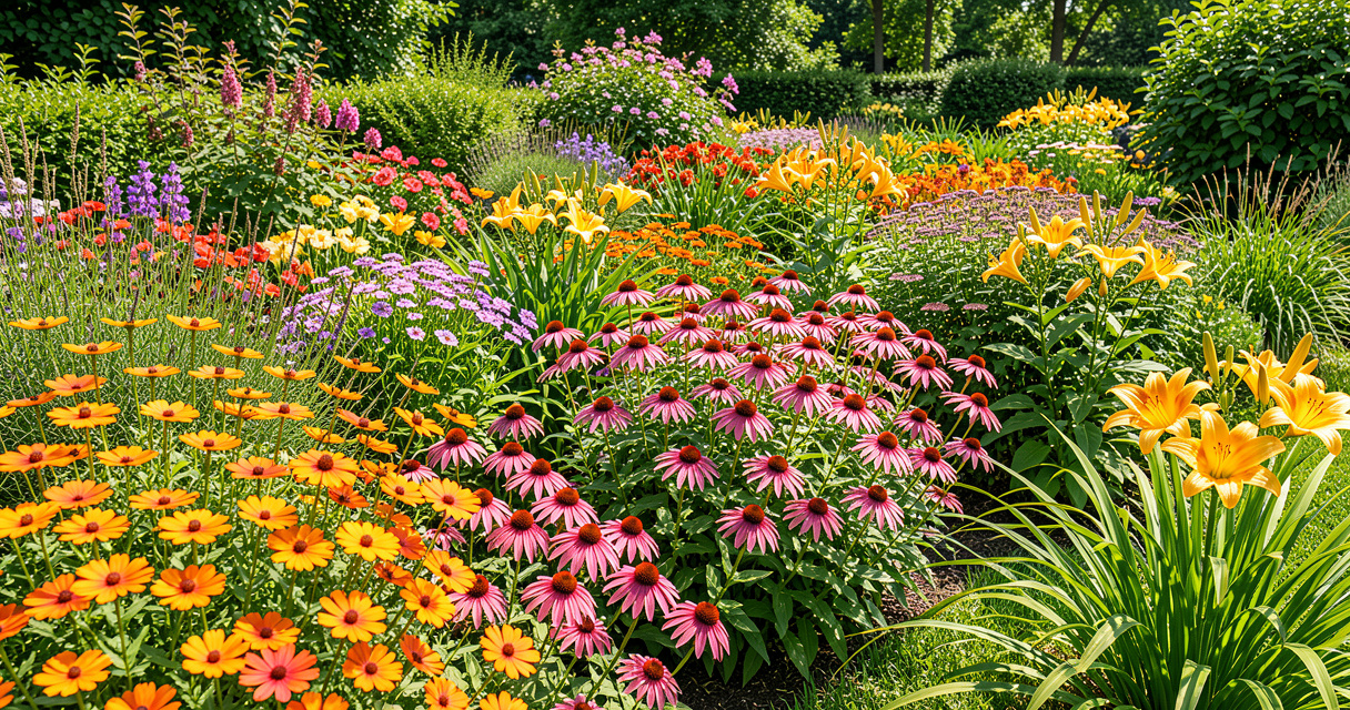 Vibrant full sun perennial border with coreopsis, coneflower, and daylilies