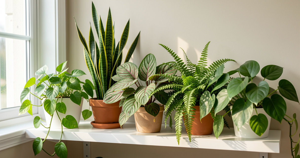Indoor foliage plants pothos snake plant calathea fern philodendron on shelf with sunlight