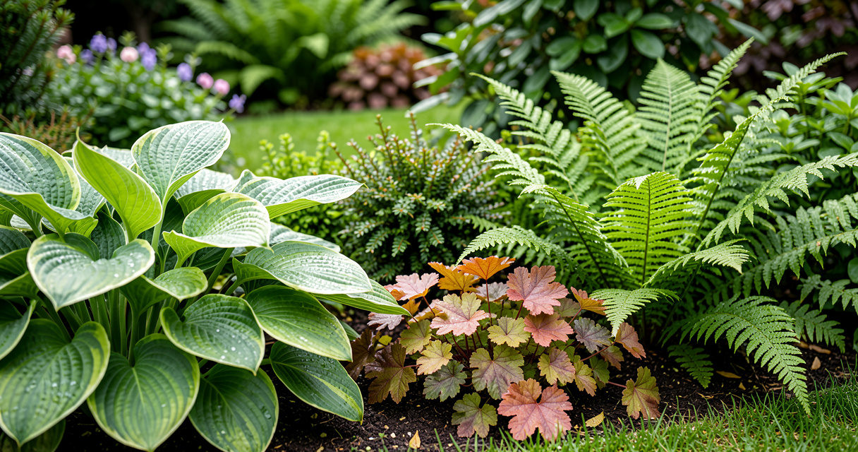 Outdoor garden border with hostas ferns heuchera dew on leaves morning light