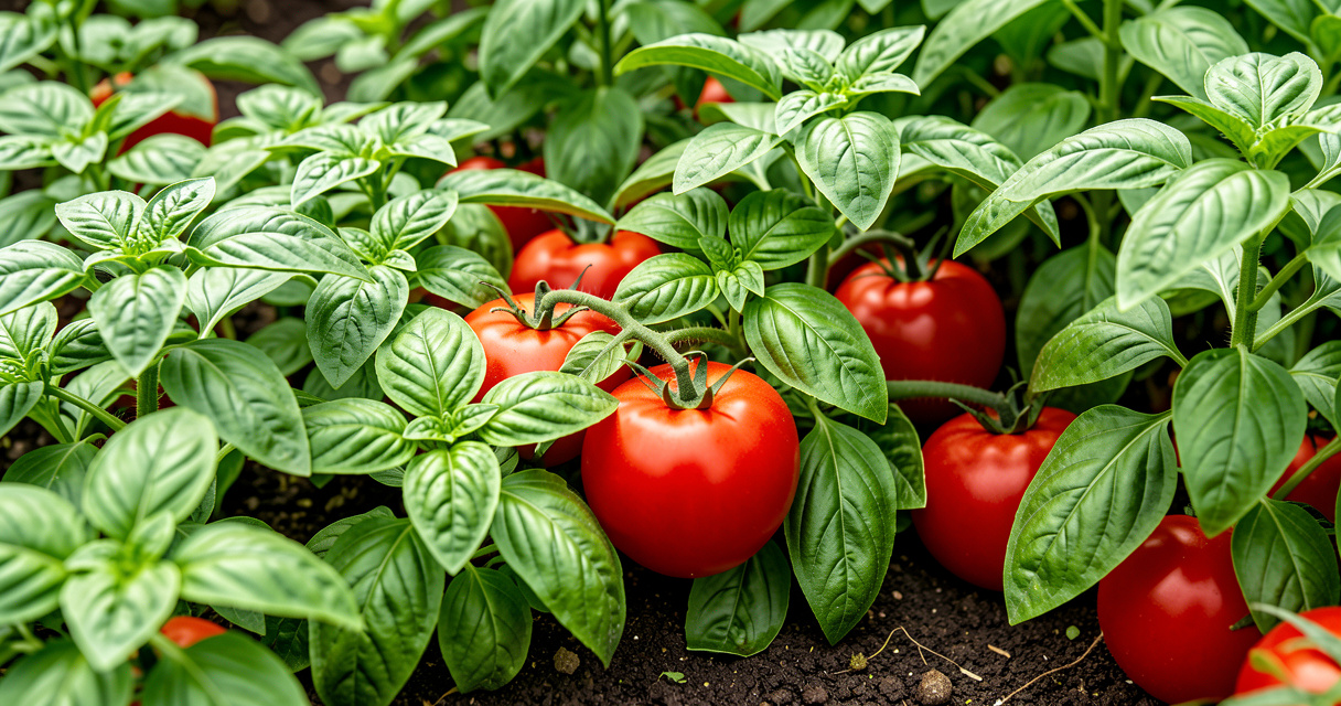 Tomatoes and basil companion planting in a garden bed