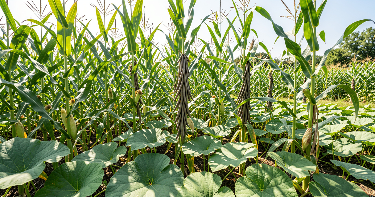 Three Sisters garden with corn beans and squash growing together