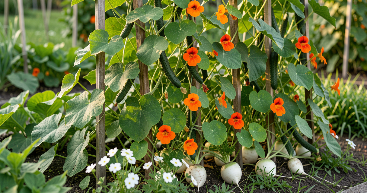 Cucumber vines growing on a trellis with nasturtium and radish companion plants at the base in a sunny garden
