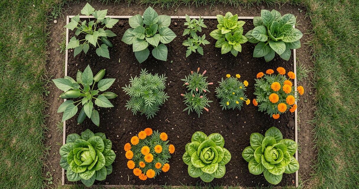 Top-down view of a companion planting layout with cucumbers, bush beans, marigolds, and lettuce in a raised bed
