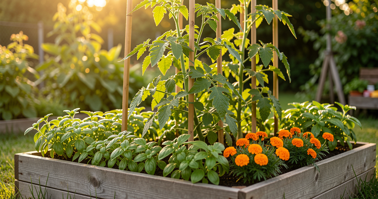 Tomato plants interplanted with basil and marigolds in a raised bed for pest control