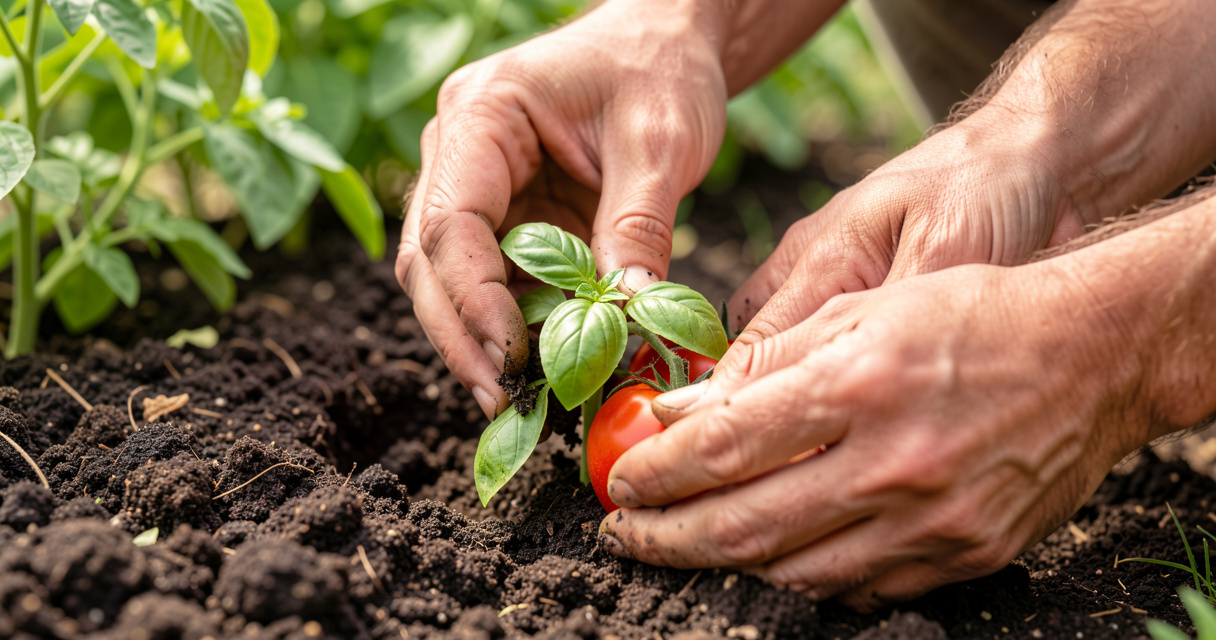 Planting basil companion near tomato in garden soil for better yield