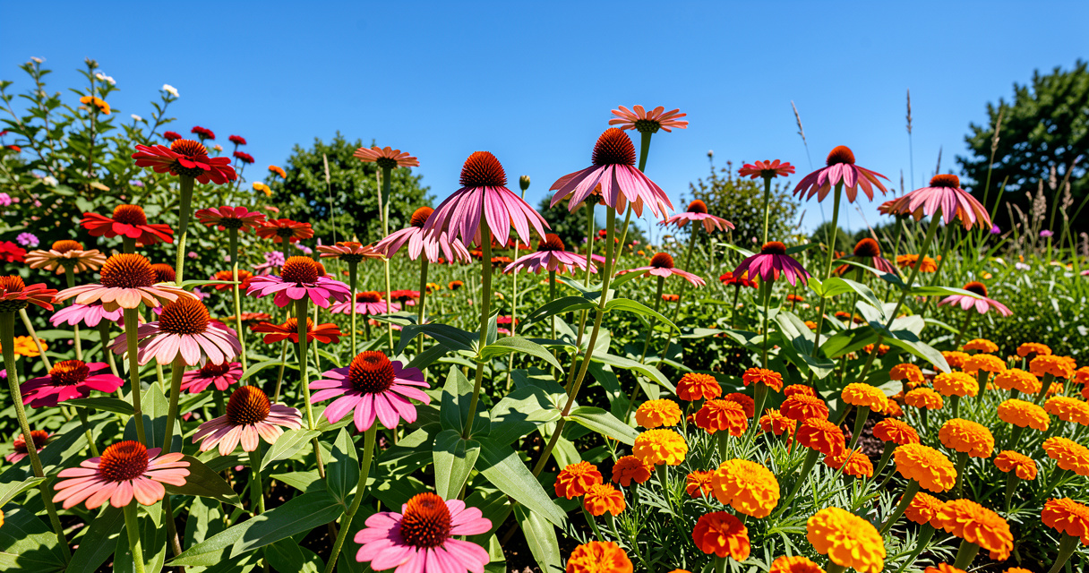 Vibrant full sun flower garden with zinnias and coneflowers in summer