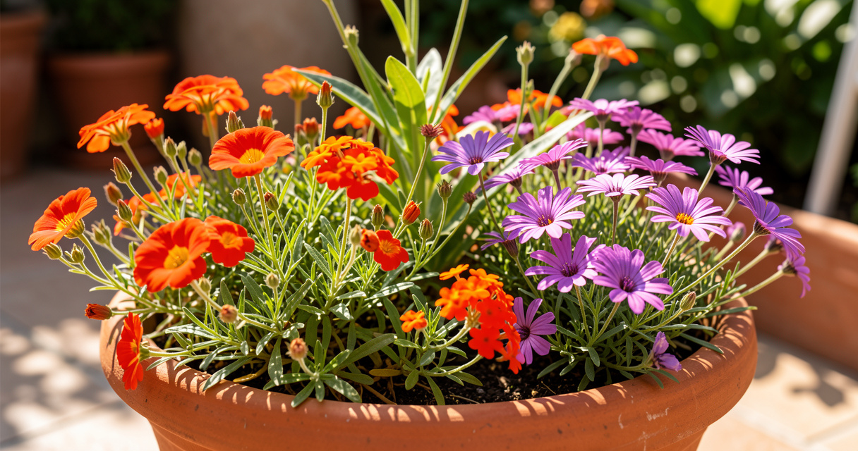 Colorful full sun container flowers on sunny patio with portulaca and lantana