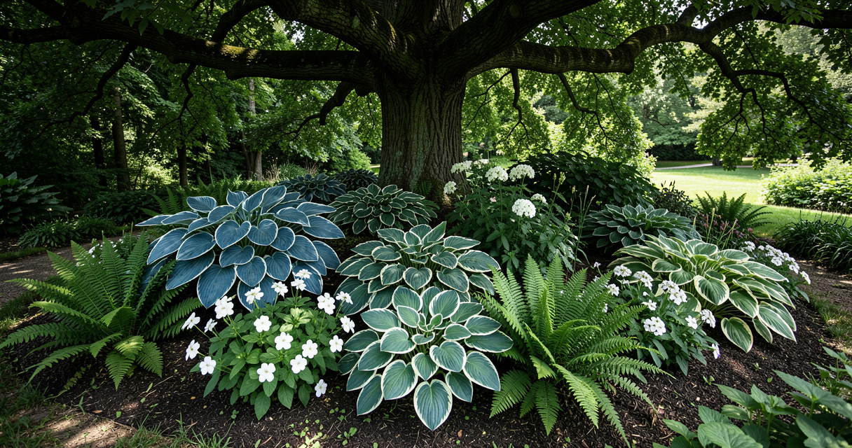 Hostas and ferns thriving in a deep shade garden bed under oak tree