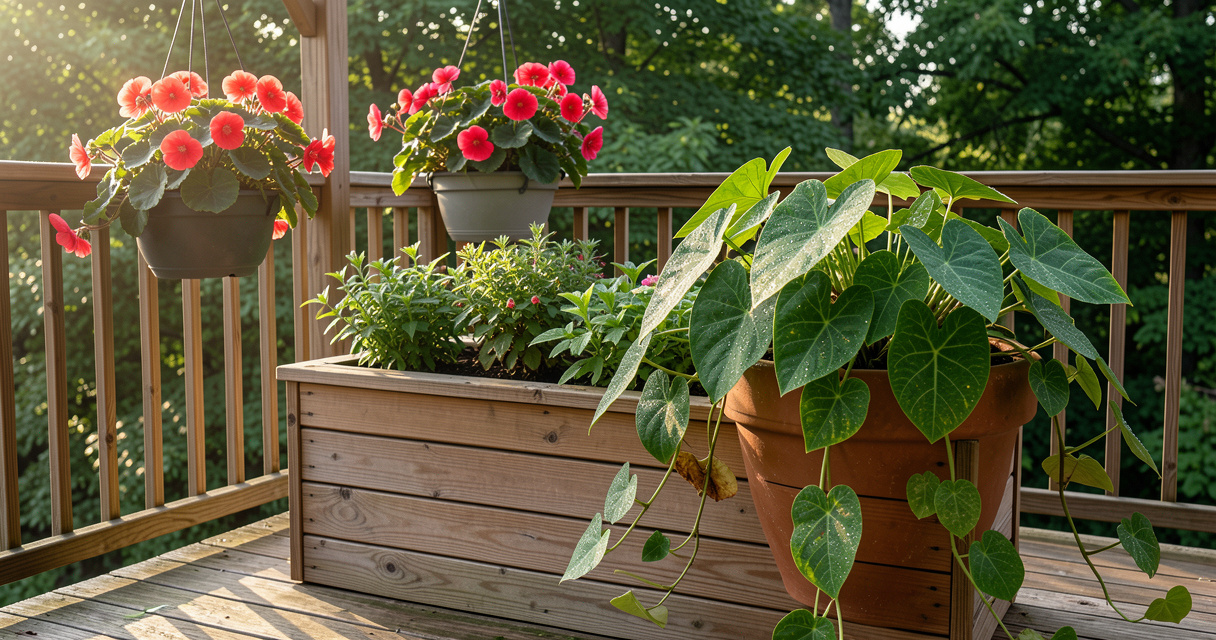 Shade loving begonias and caladium in containers on a shaded patio
