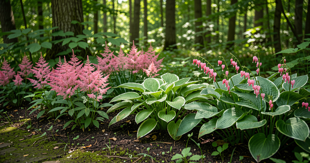 Shade flowers astilbe, hosta, and bleeding heart in a woodland border